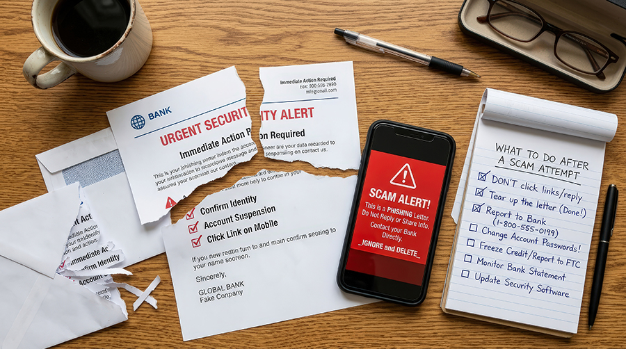 table with torn phishing letter and red warning sign, flat lay